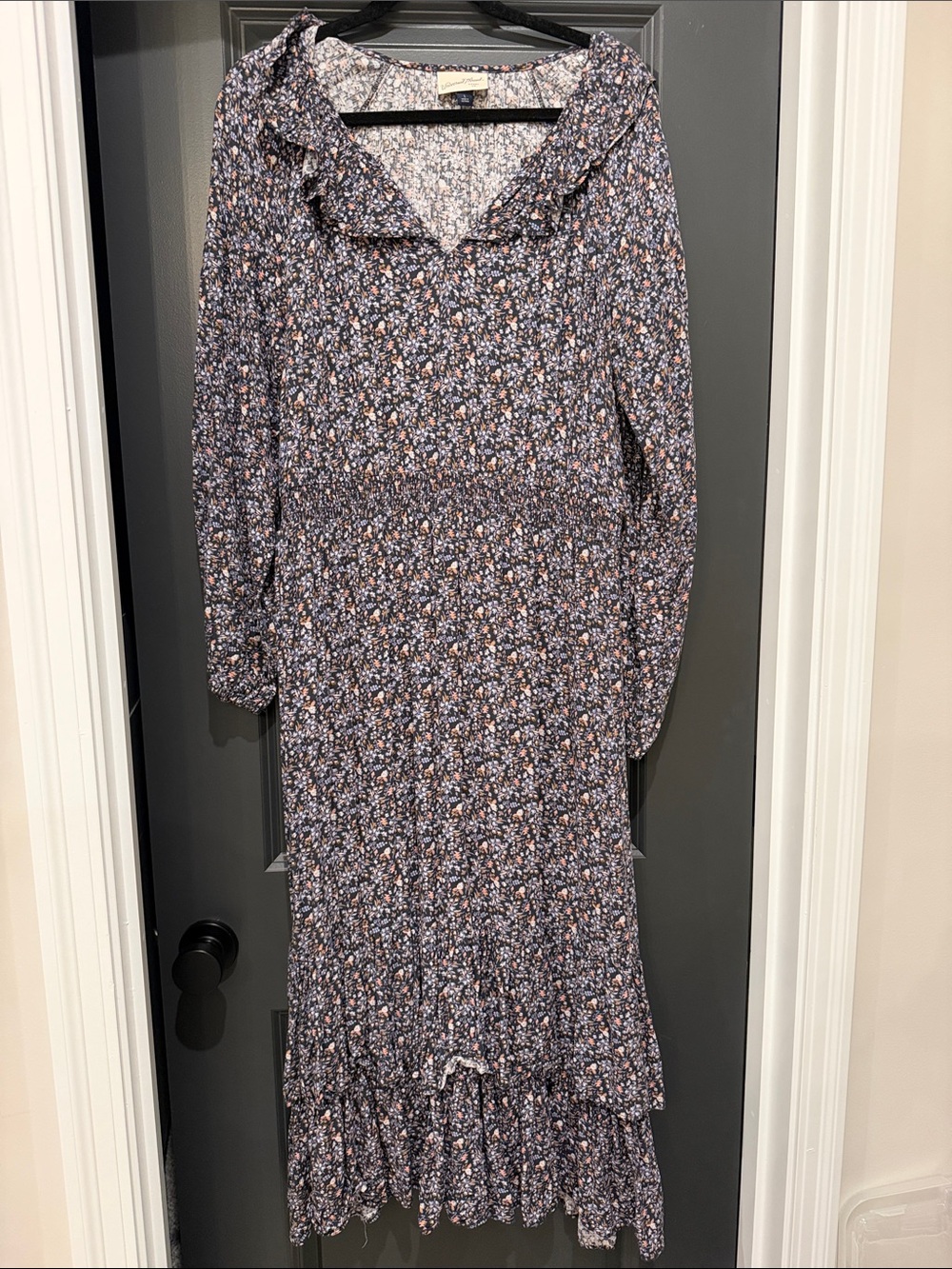 Universal Thread Floral Ruffle V-Neck Long Sleeve Dress - Navy Multi